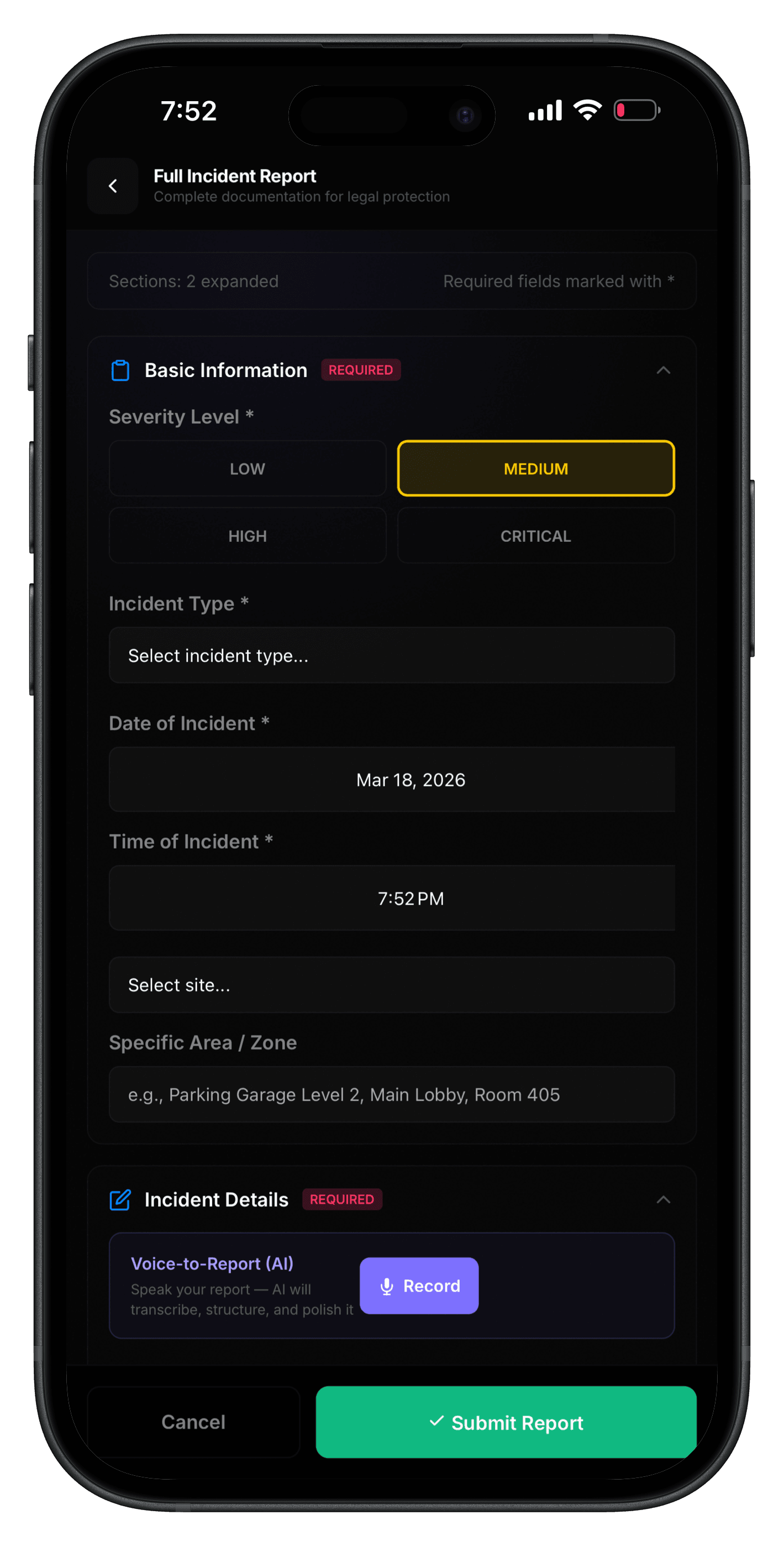 Evidence Pack incident report screen on iPhone
